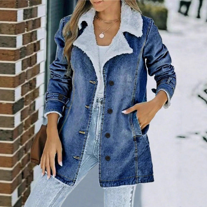 Women's Oversized Denim Jacket with Teddy Lining, Button Placket and Patch Pockets Chichicherry