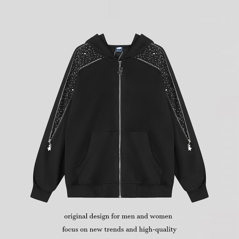 Women's hooded sweat jacket with decorative stone shoulder panel, star zipper, and oversized silhouette Chichicherry