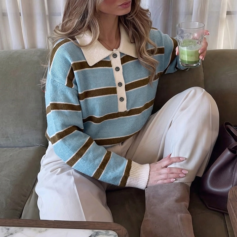 Women Striped Polo Knit Sweater with Henley Button Placket and Dropped Shoulder Chichicherry