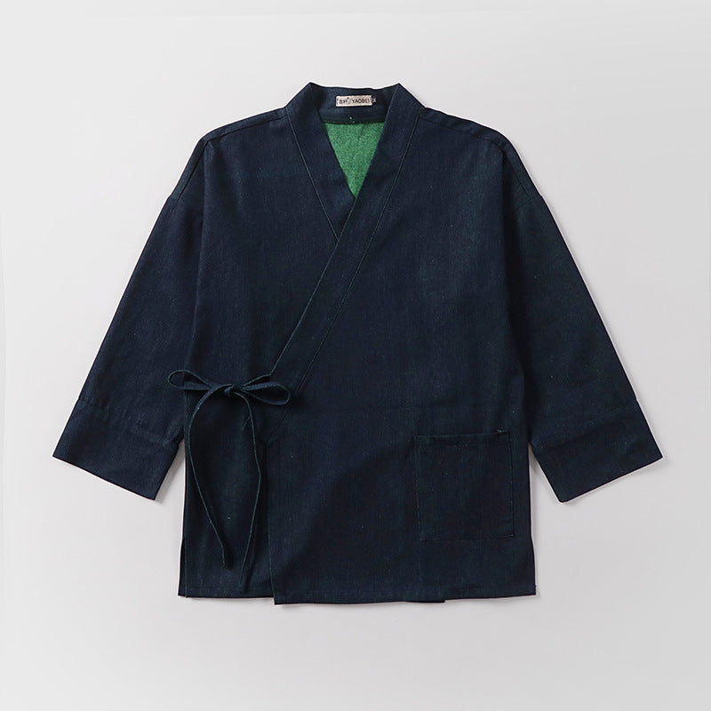 Unisex Lightweight Wrap Kimono Jacket made of Linen-Cotton Blend with Contrast Trim and Tie Belt Chichicherry
