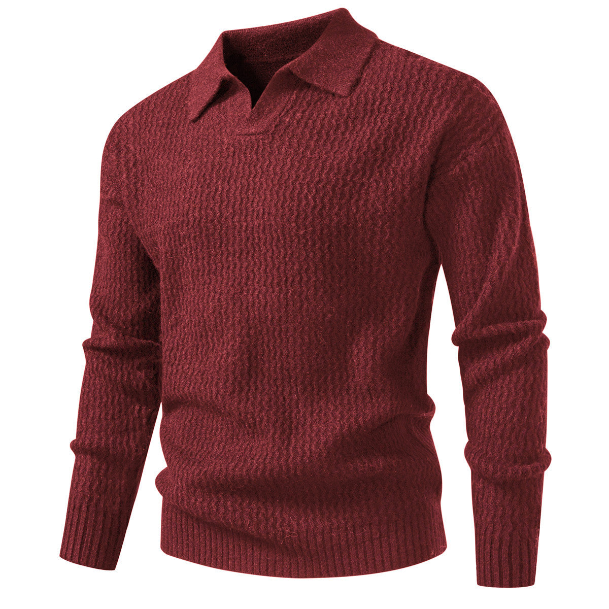 Men's polo collar fine knit sweater with textured wave design and ribbed hem Chichicherry