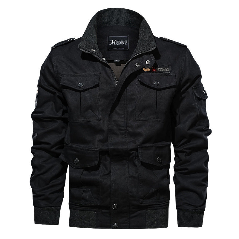 Men's Military-Inspired Canvas Field Jacket with Epaulettes, Multiple Pockets and Ribbed Hem Chichicherry
