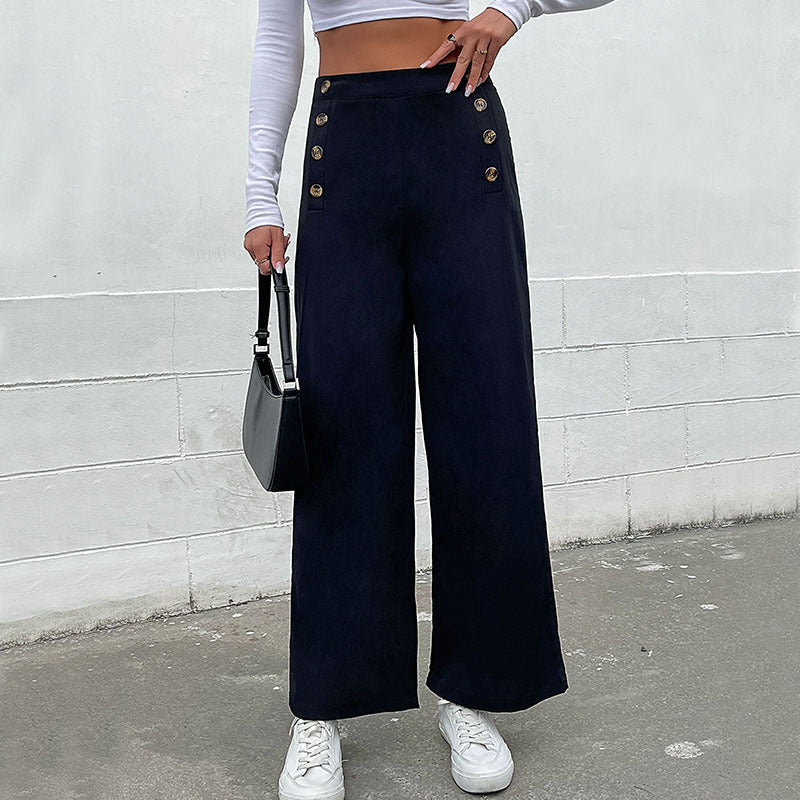 Women's High-Waisted Wide-Leg Pants with Maritime-Inspired Decorative Button Placket Chichicherry