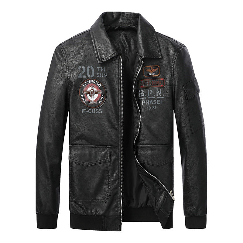 Men's pilot bomber jacket in aviator look made of synthetic leather with appliqués and ribbed cuffs Chichicherry