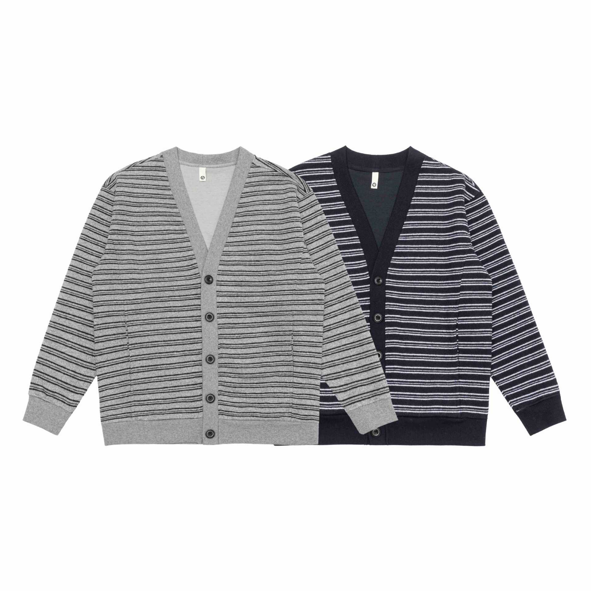 Men's Striped Button Cardigan with V-Neck, Patch Pockets and Ribbed Cuffs Chichicherry
