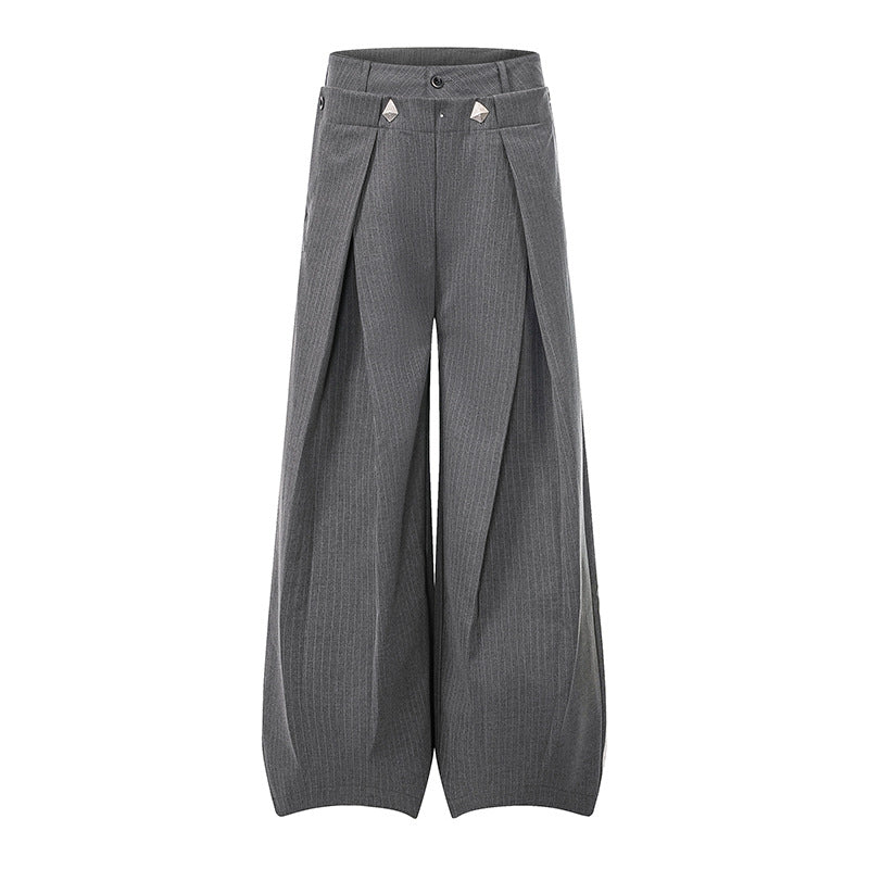 Women Wide High-Waist Culotte Pants with Distinct Pleating and Decorative Button Details Chichicherry