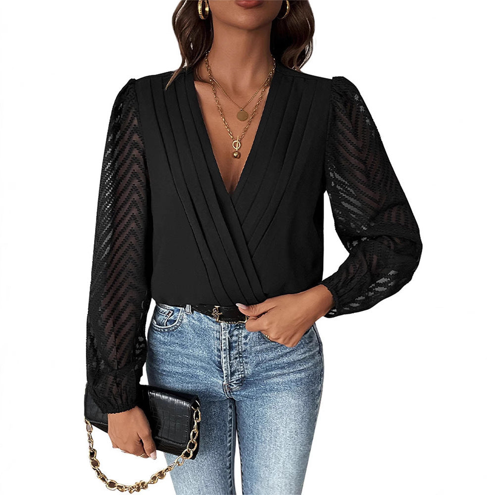 Women's Elegant Wrap Blouse with Pleated V-Neck and Transparent Chevron Sleeves Chichicherry