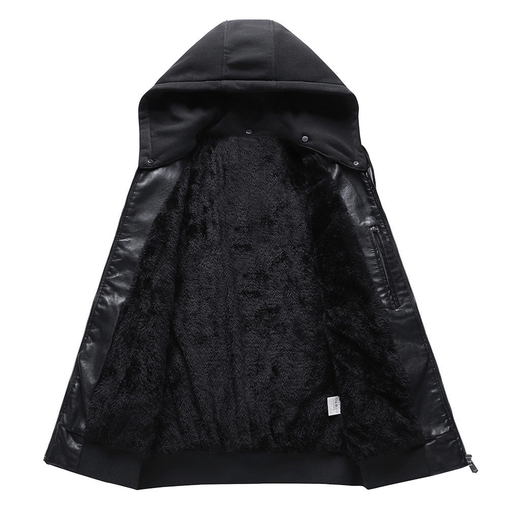 Men's Faux Leather Hoodie Bomber with Teddy Lining, Perforated Sleeves, and Ribbed Cuffs Chichicherry
