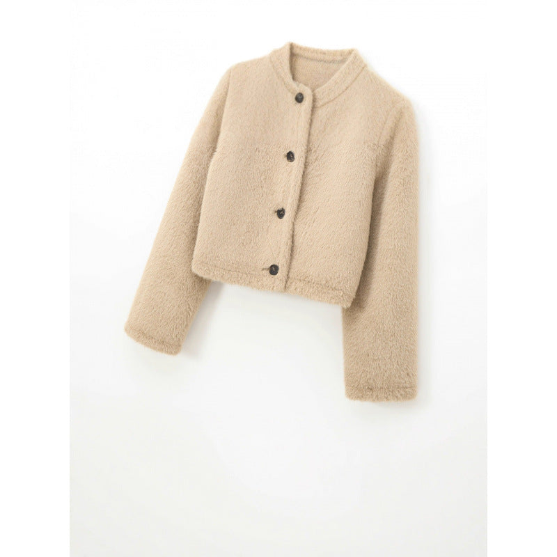 Women's Cropped Teddy Jacket with Straight Hem, Round Neck and Horn Button Closure Chichicherry