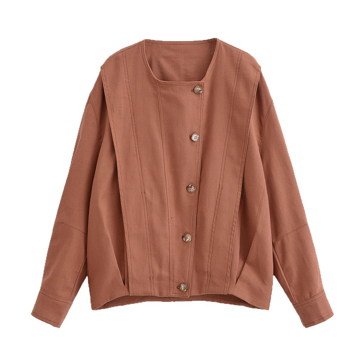 Women's Boxy Transitional Jacket with Round Neck, Decorative Stitching and Visible Button Placket Chichicherry