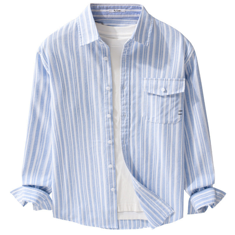 Men's Long-Sleeve Cotton-Linen Striped Shirt in Relaxed Fit with Flap Chest Pocket Chichicherry