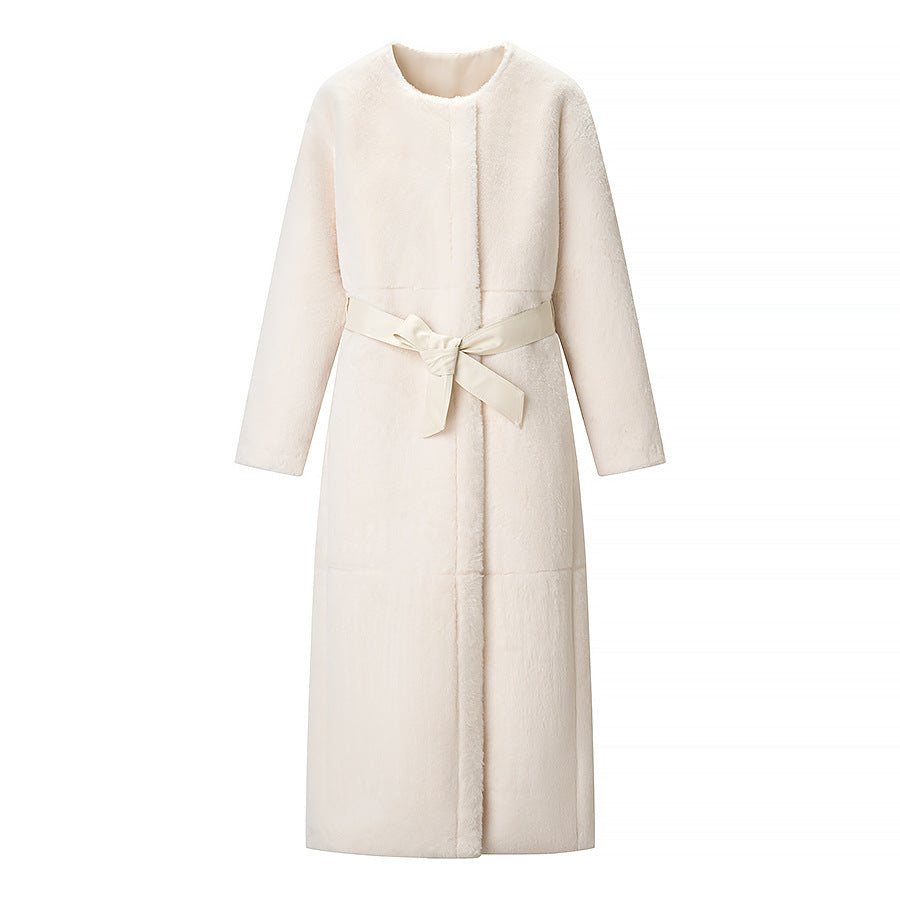 Women Maxilength Oversized Teddy Coat with Minimalist Stand Collar and Concealed Snap Button Placket Chichicherry
