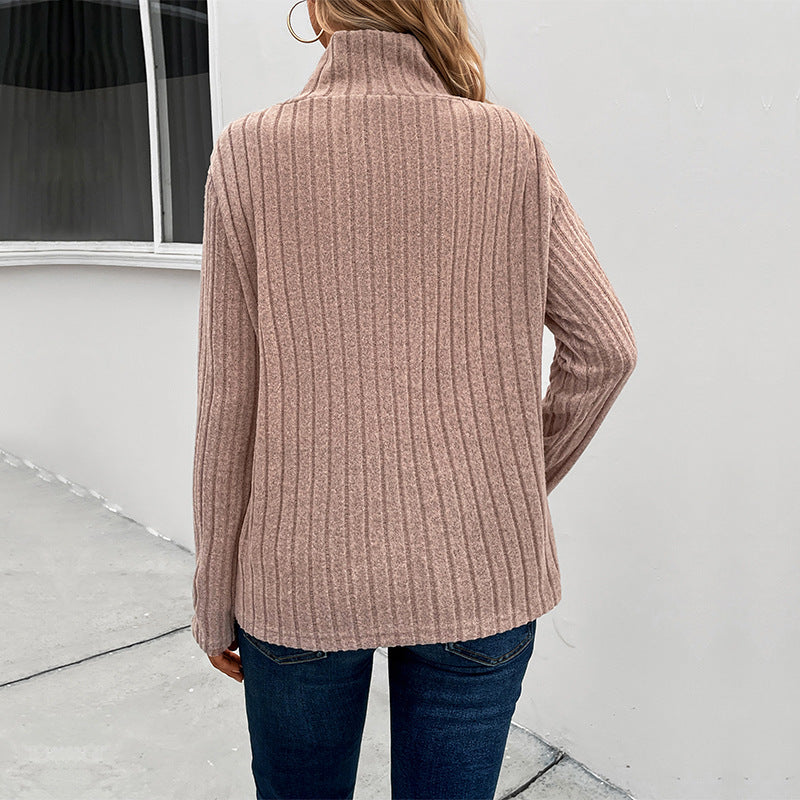 Ladies Ribbed Fine Knit Sweater with Asymmetric Stand Collar and Decorative Button Placket Chichicherry