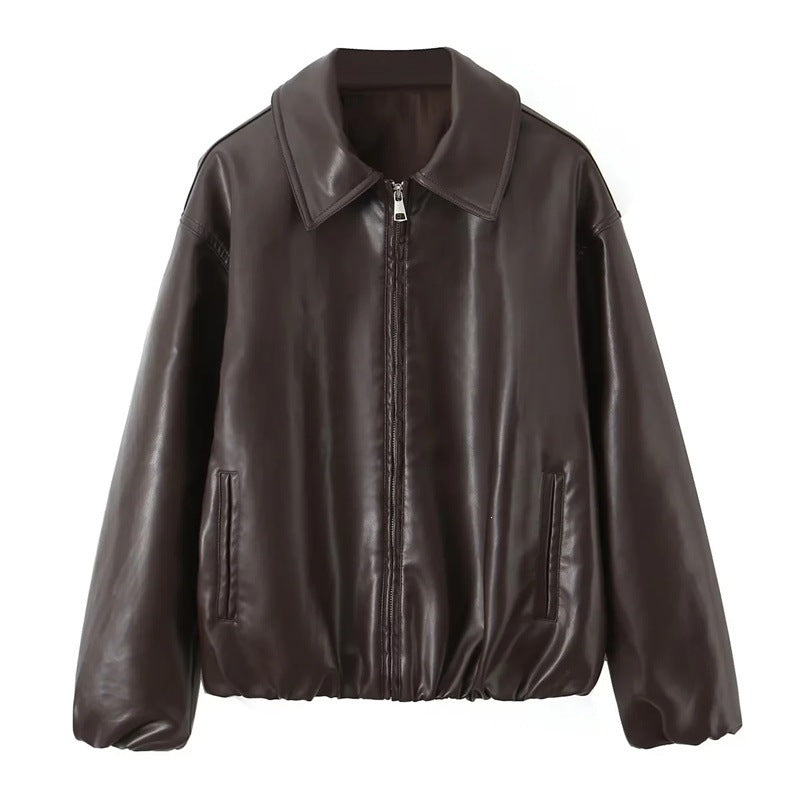 Women's Oversize Faux Leather Bomber with Shirt Collar, Concealed Zipper and Balloon Sleeves Chichicherry