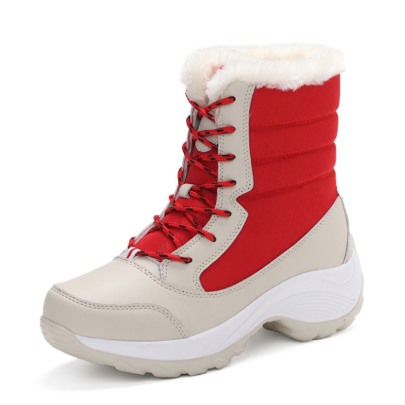 Women's water-repellent insulated winter lace-up ankle boots with faux fur collar and textured platform sole Chichicherry