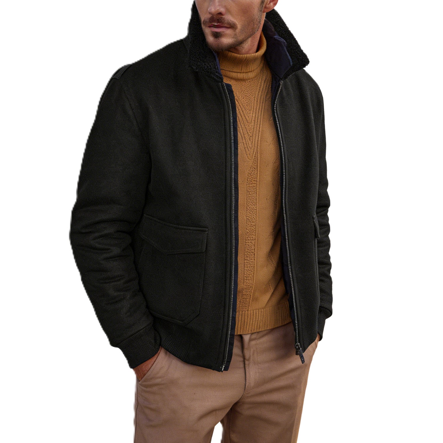 Men's Short Bomber Jacket with Teddy Collar, Cargo Flap Pockets and Zipper Chichicherry