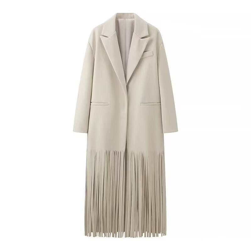 Women’s long coat with long fringe hem, boxy oversized silhouette, and lapel collar Chichicherry