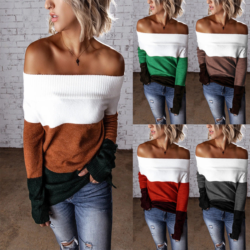 Women Off-Shoulder Colorblock Knit Sweater with Folded Collar Chichicherry