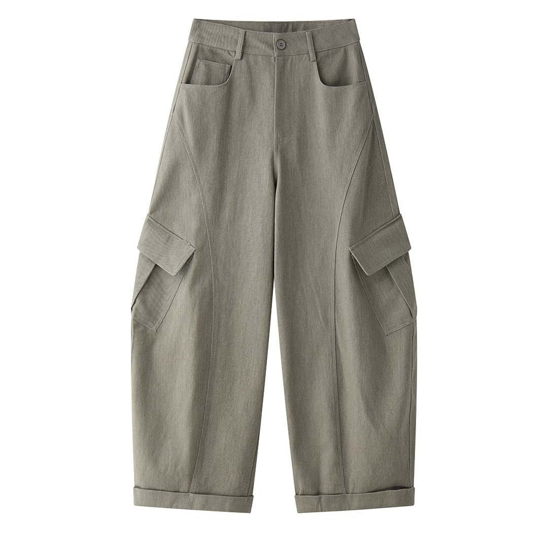 Women's Wide Twill Cargo Pants in Baggy Style with High Waistband, Knee Panels and Cuffed Hem Chichicherry