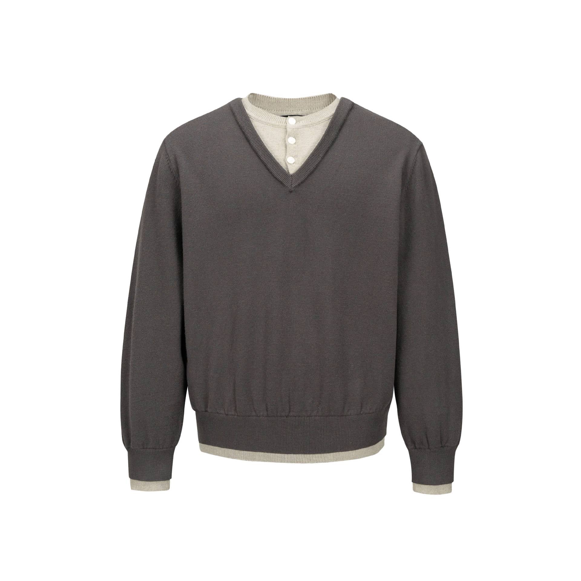 Men's V-Neck Fine Knit Sweater with Integrated Henley Detail and Elastic Waistband Chichicherry