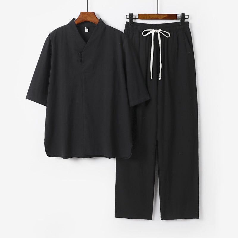 Men's Two-Piece Lightweight Loungewear Set with Stand Collar Short Sleeve Shirt and Drawstring Pants Chichicherry