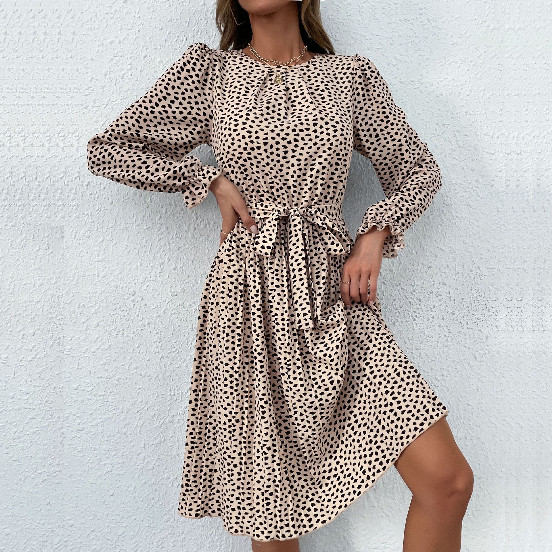 Women Elegant Pleated Midi Dress with Waist Sash, Ruffled Puff Sleeves and A-Line Skirt