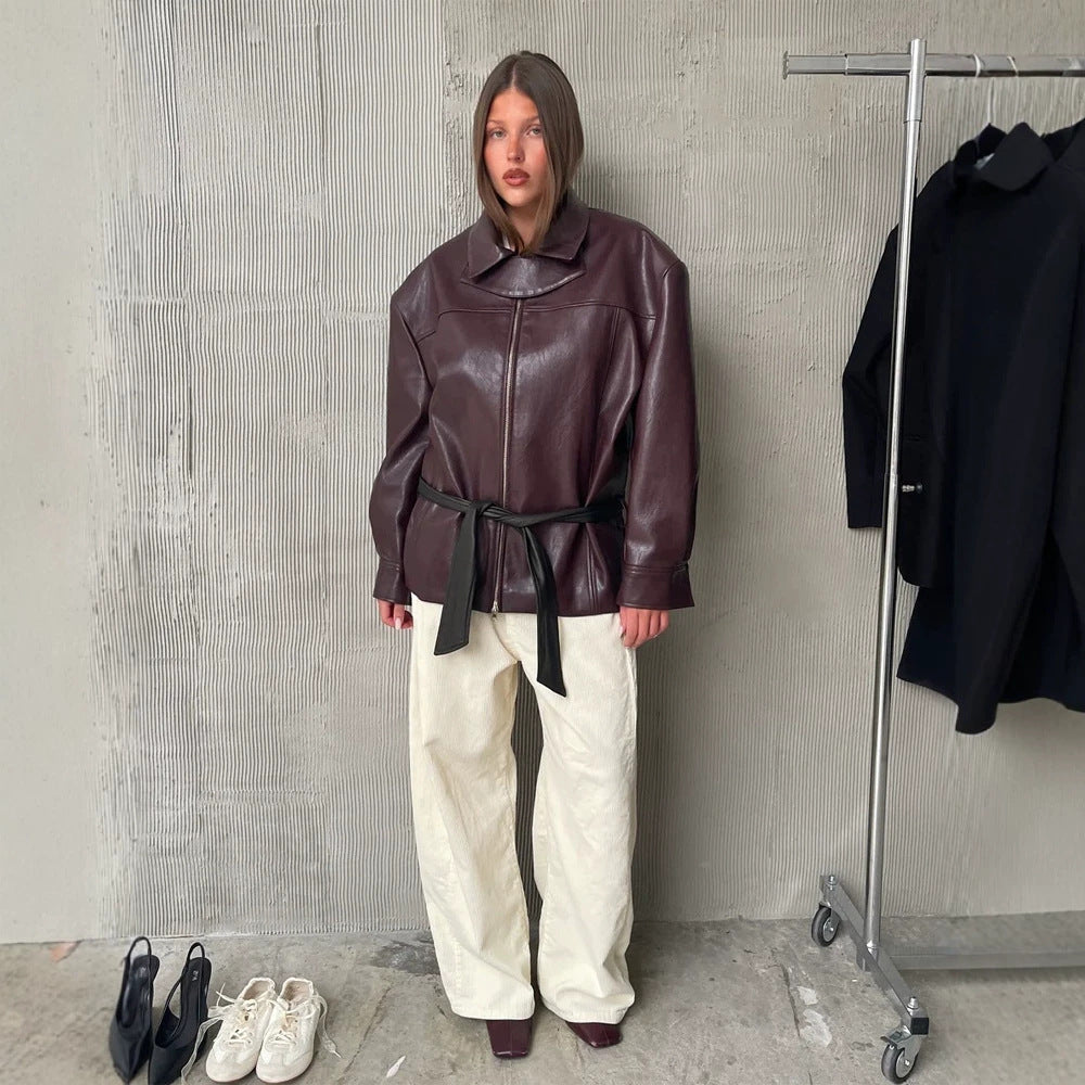 Women's Boxy Faux Leather Jacket with High Stand Collar, Front Zip and Waist Belt Chichicherry