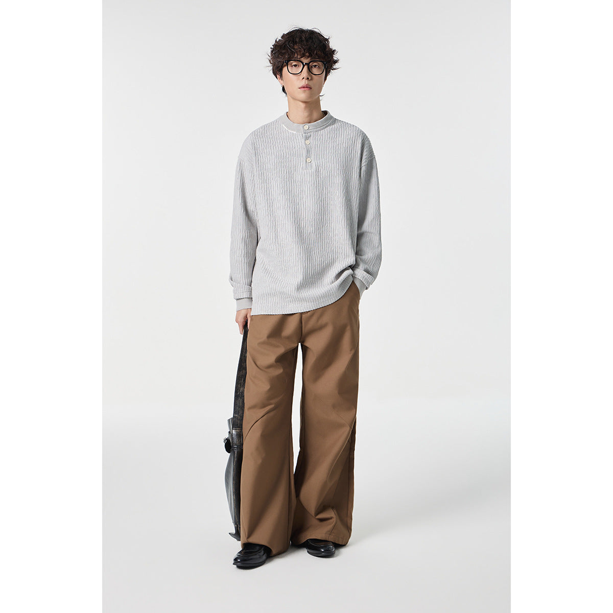 Unisex Ribbed Oversized Henley Sweater with Button Placket Chichicherry