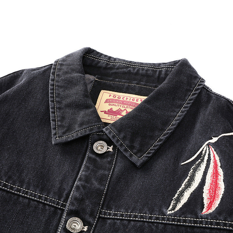 Men's jeans jacket in worker style with embroidered feather motif and inner satin lining Chichicherry