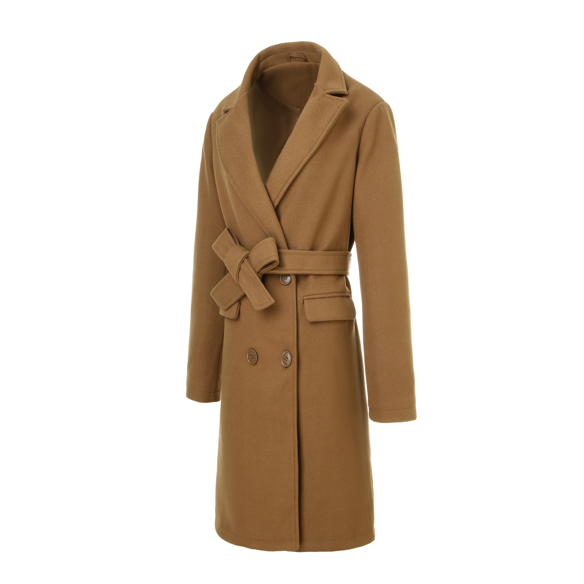 Women’s coat in wool look with double-breasted front, waist belt, and flap pockets Chichicherry