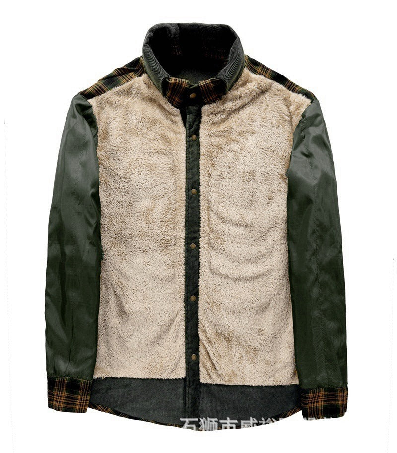 Men's Checkered Shirt Jacket with Teddy Lining, Corduroy Shoulder Yoke and Multifunctional Pockets Chichicherry