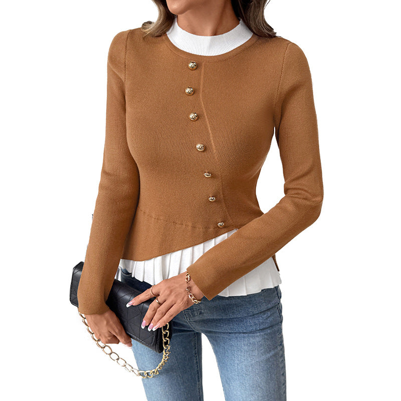 Women's fitted knitted blouse with asymmetrical button placket and pleated insert Chichicherry