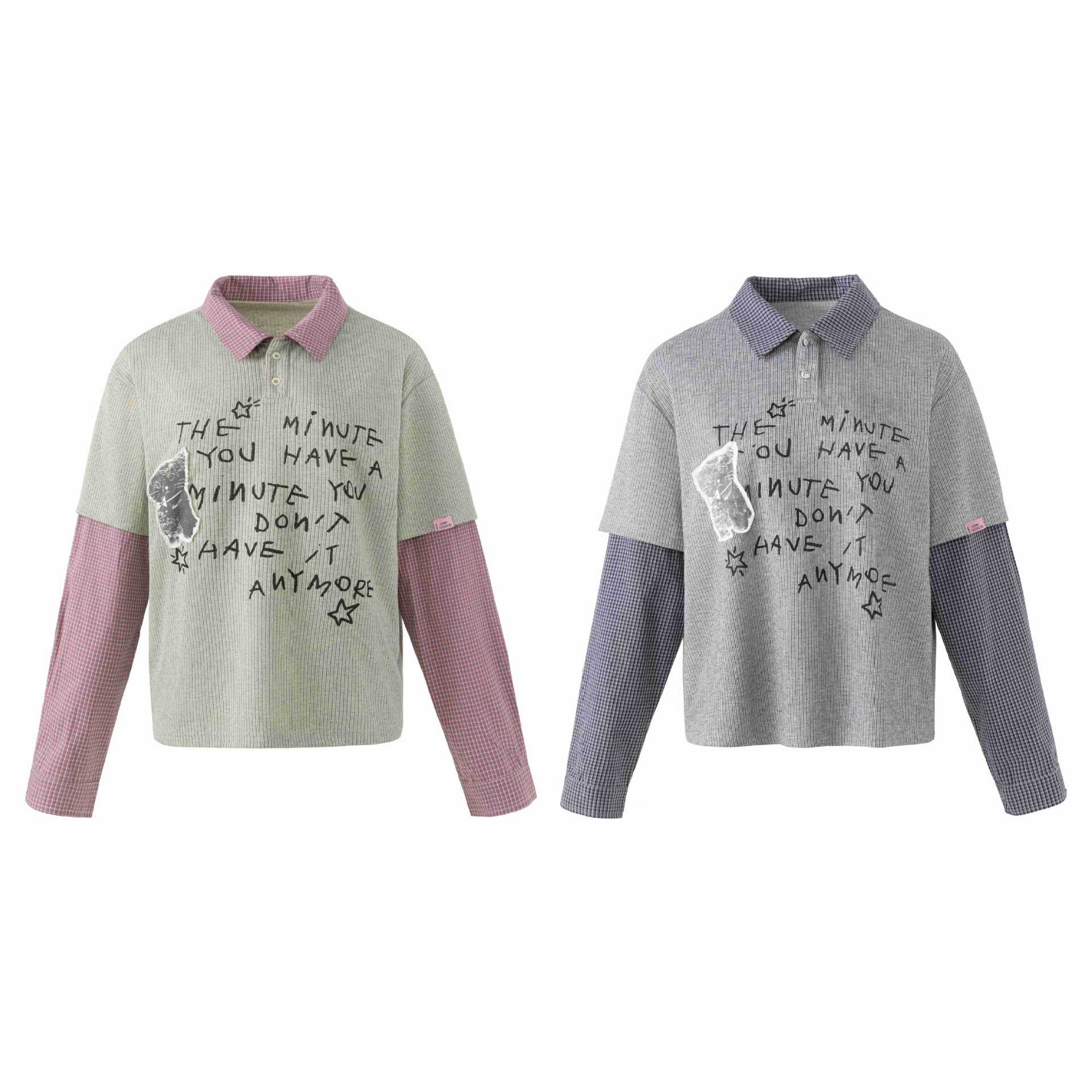 Unisex Layered Look Knit Polo Shirt with Checkered Insert Sleeves and Statement Print Chichicherry
