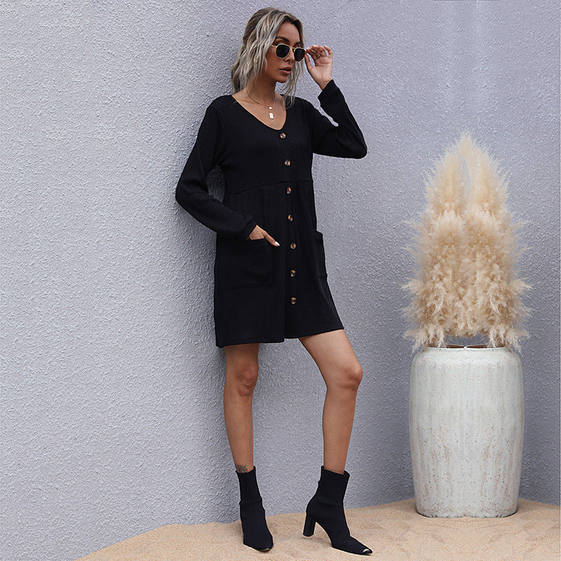 Women Ribbed Knit Dress with V-Neck, Button Placket and Patch Pockets Chichicherry