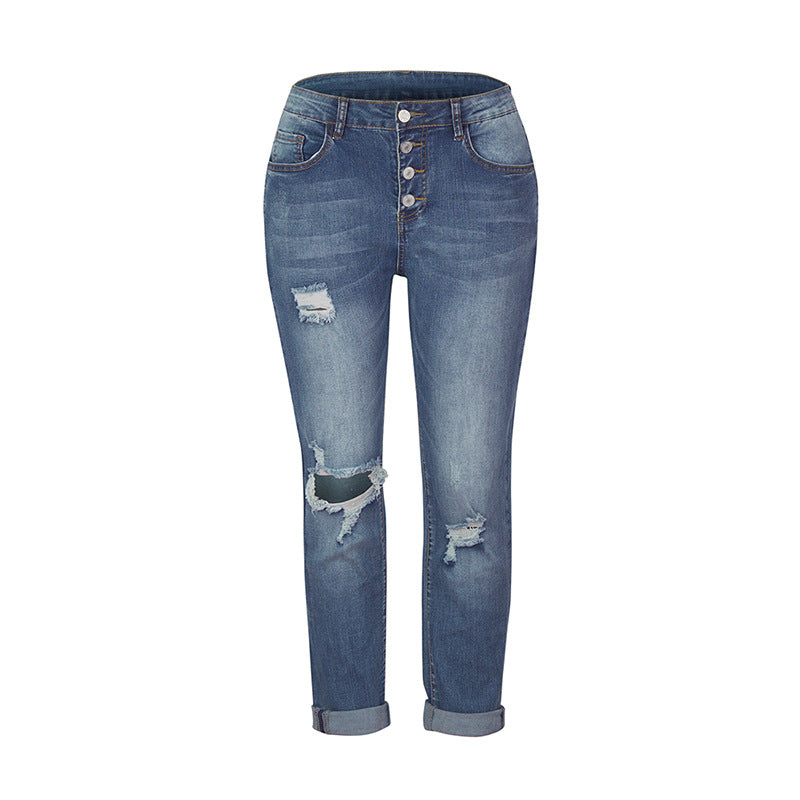 Women's skinny jeans with high button placket and casual ripped used look Chichicherry