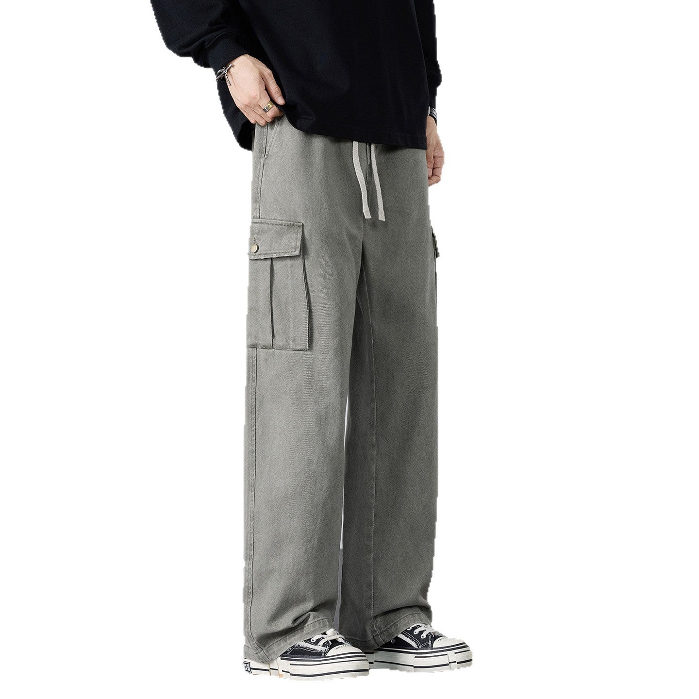 Men's Loose Cargo Pants with Drawstring Waist and Multiple Pockets Chichicherry