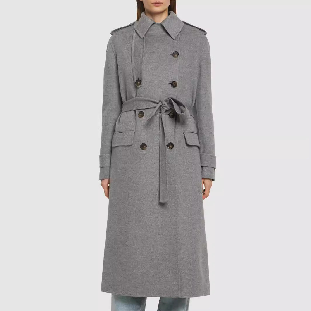 Women Mid-length Tailored Double-breasted Trench Coat made of Wool Blend with Flared Hem Chichicherry