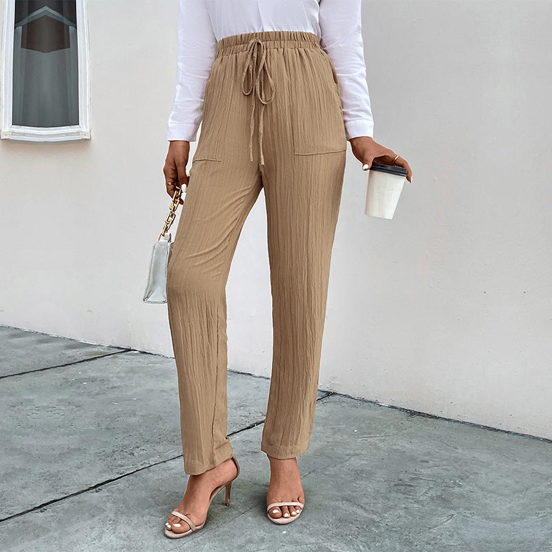 Women's Lightweight Crinkle Pants with High Elastic Waistband, Drawstring and Patch Pockets