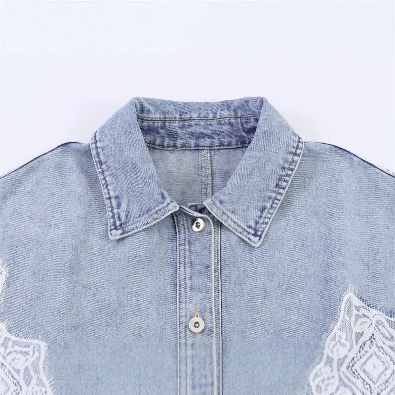 Women cropped denim jacket with lace trim and dropped shoulder Chichicherry