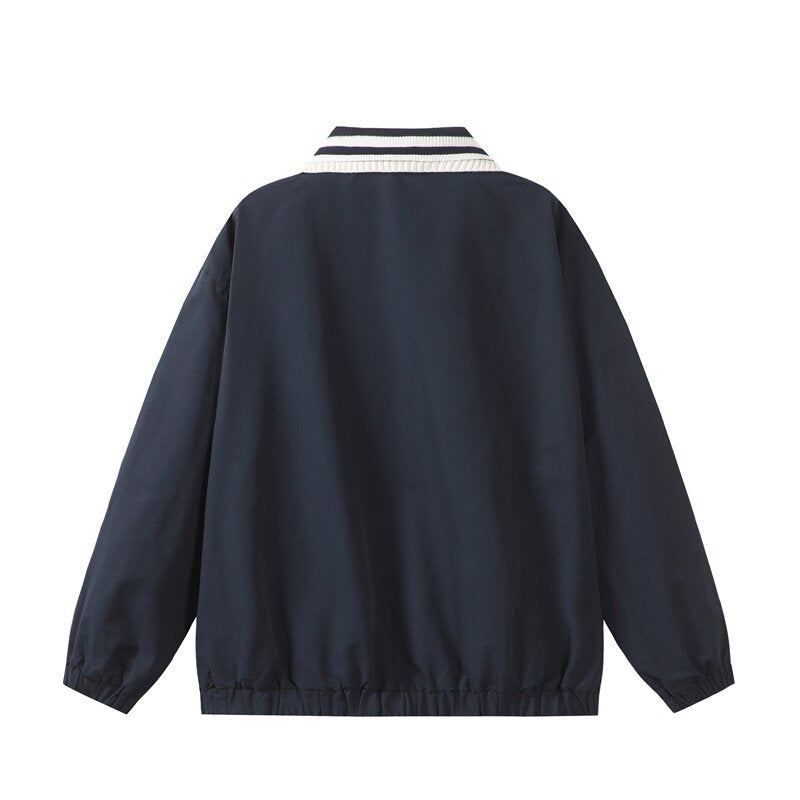 Men's Lightweight Harrington-Style Bomber Jacket with Striped Ribbed Collar and Snap Button Pockets Chichicherry