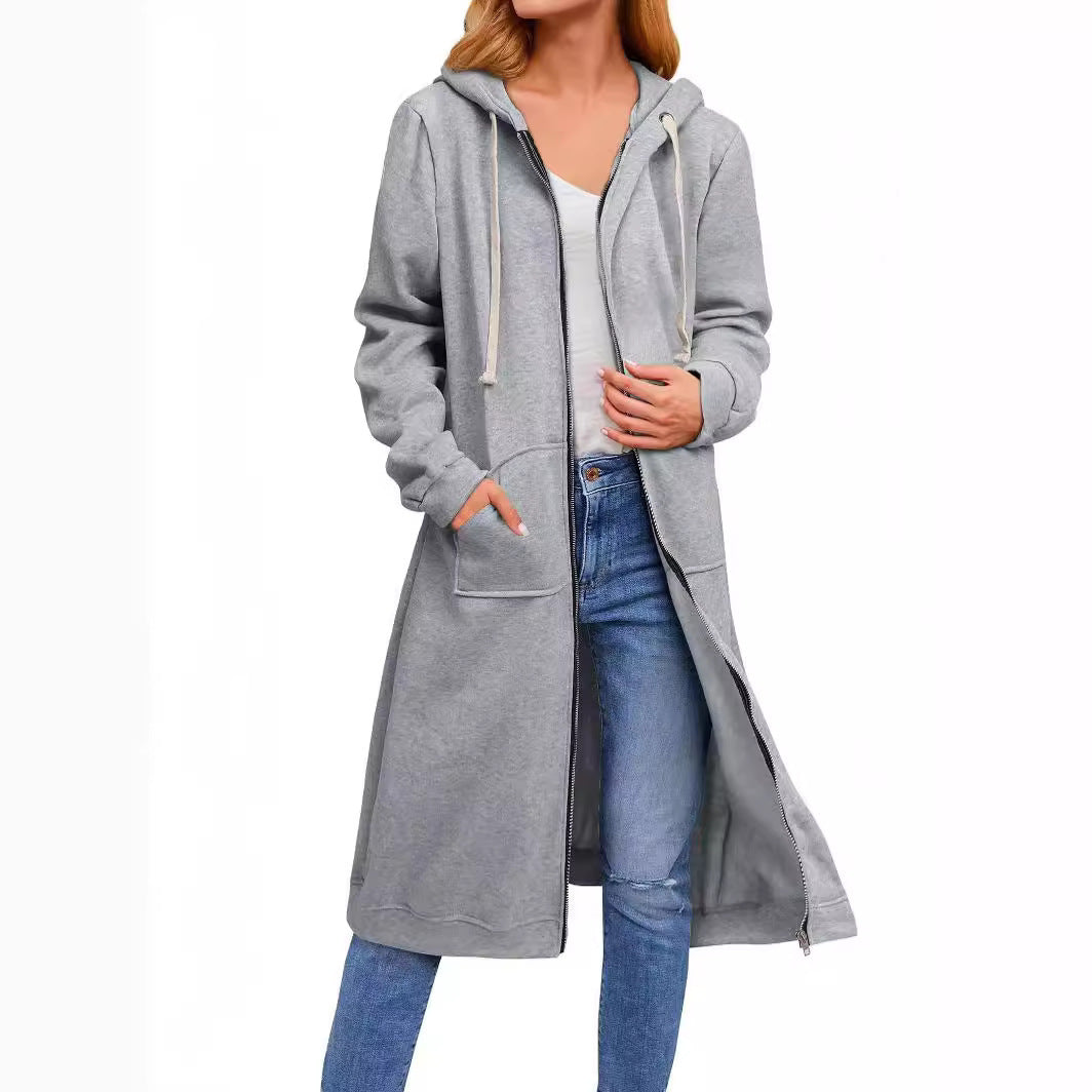 Women Long Hooded Sweat Coat with Two-Way Zipper and Kangaroo Pockets