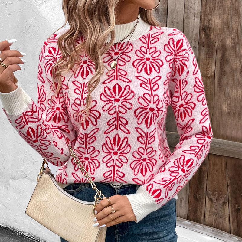 Women Knitted Jacquard Sweater with Floral Pattern and Ribbed Cuffs Chichicherry