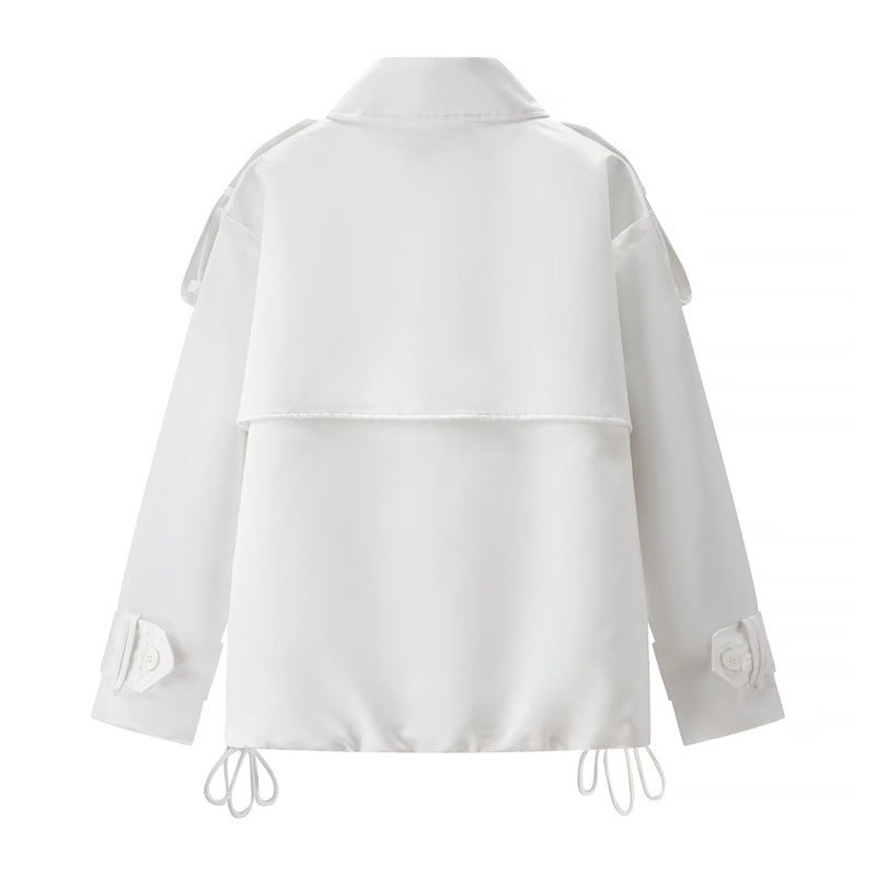 Women Short Boxy Double-breasted Trench with Drawstring and Decorative Shoulder Straps Chichicherry