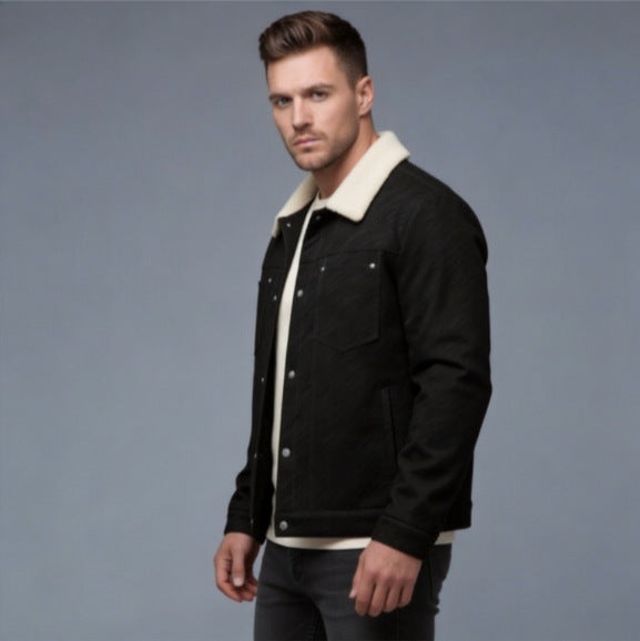 Men's Casual Sherpa-Lined Trucker Jacket with Faux Fur Collar Chichicherry