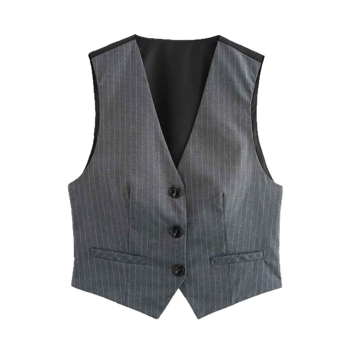 Women Tailored Pinstripe Waistcoat with Lapel-less Silhouette and Welt Pockets Chichicherry
