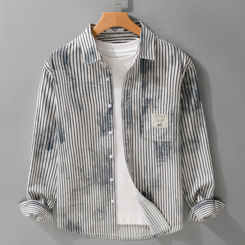 Men's Long Sleeve Shirt in Stripe Relief with Chest Pocket and Light Wash Effect Chichicherry
