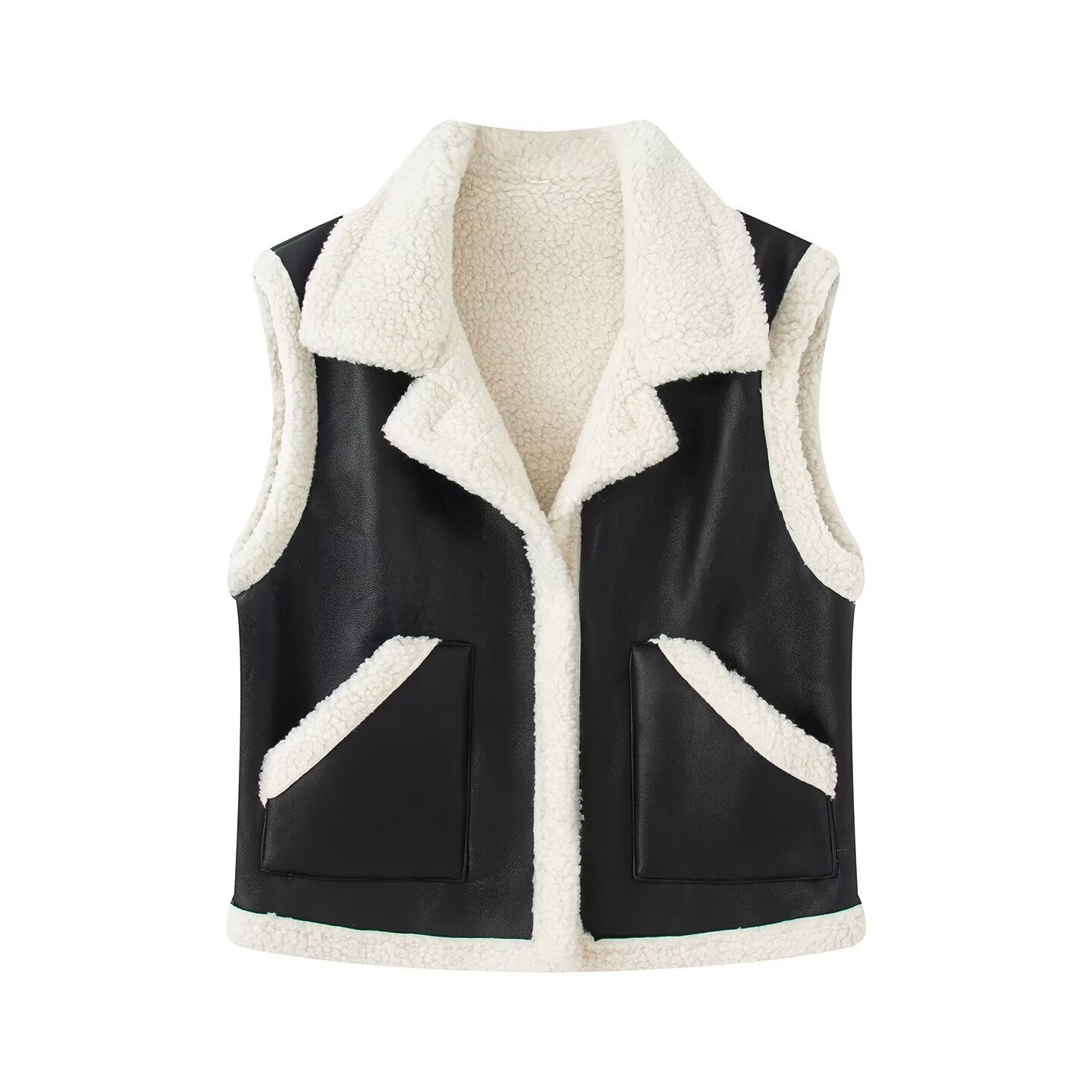 Women's Sleeveless Lambskin Imitation Vest with Lapel Collar and Patch Pockets Chichicherry