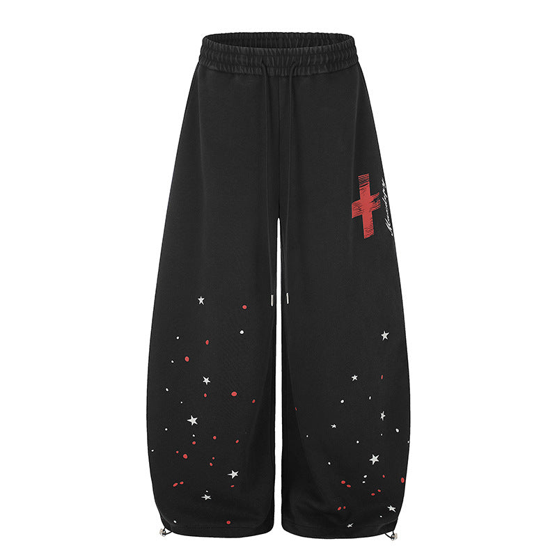 Women's Extra Wide Palazzo Sweatpants with Drawstring Waist, Star Print & Adjustable Balloon Hem Chichicherry
