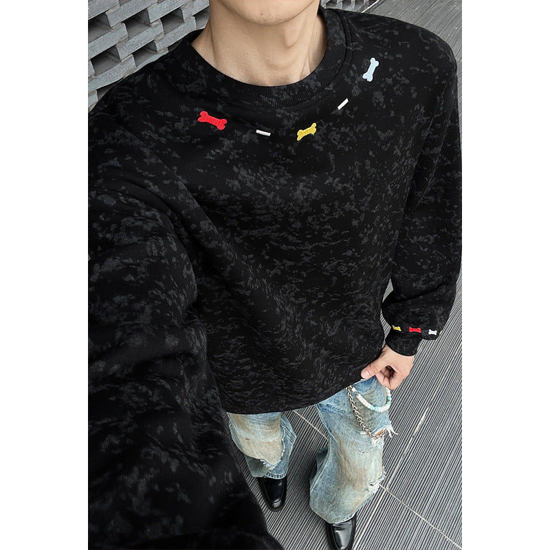 Men's Oversize Sweatshirt with Marble Effect and Colorful Bone Embroidery Chichicherry