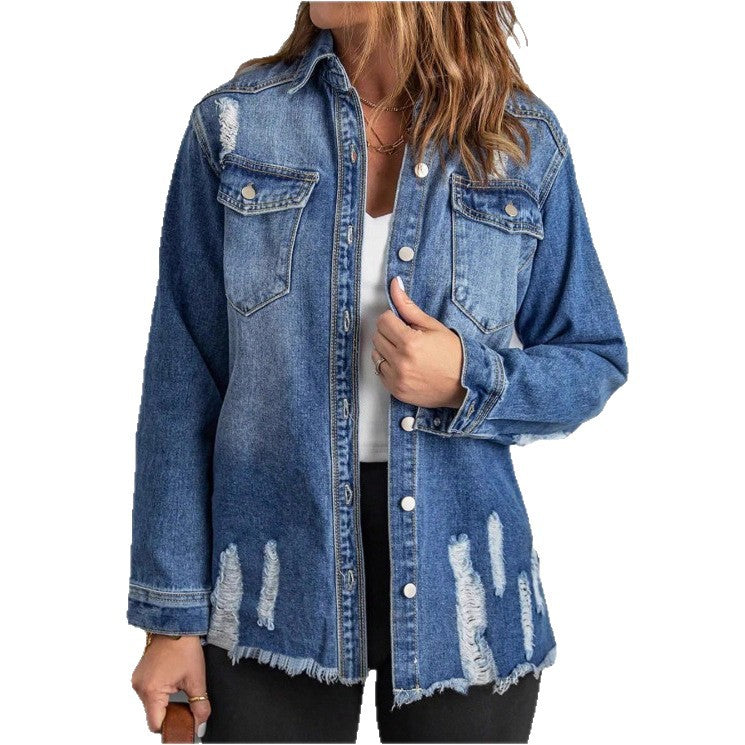 Women Casual Oversized Denim Jacket with Destroyed Details, Shirt Collar and Fringed Hem Chichicherry